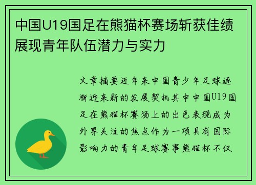 中国U19国足在熊猫杯赛场斩获佳绩 展现青年队伍潜力与实力