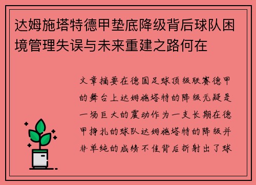 达姆施塔特德甲垫底降级背后球队困境管理失误与未来重建之路何在
